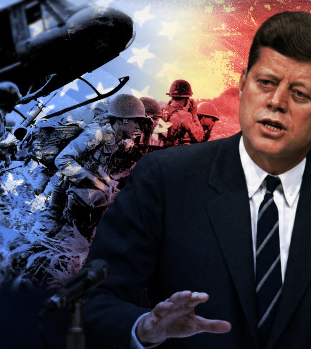 Rechts John F. Kennedy während einer Rede, links eine Aufname aus dem Vietnamkrieg mit Soldaten und einem Helikopter.