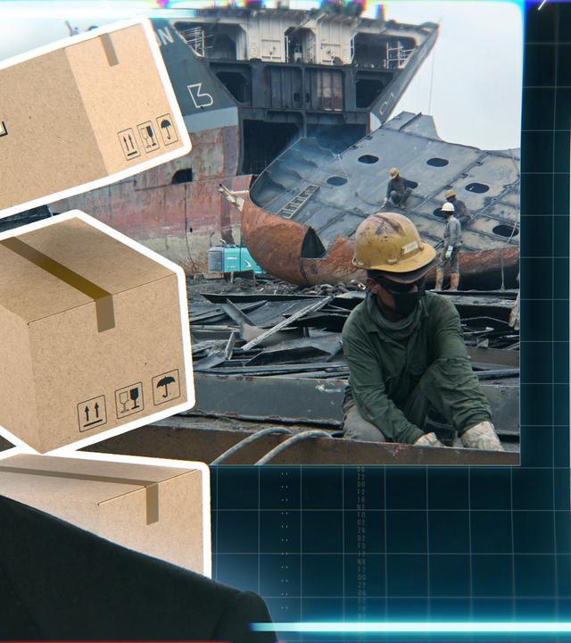 Jeff Bezos und große Frachter im Hintergrund