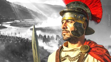 Portrait eines römischen Legionärs aus dem 2.Jahrhundert v.Chr.. Im Hintergrund eine Totale der Schlacht von Pydna.
