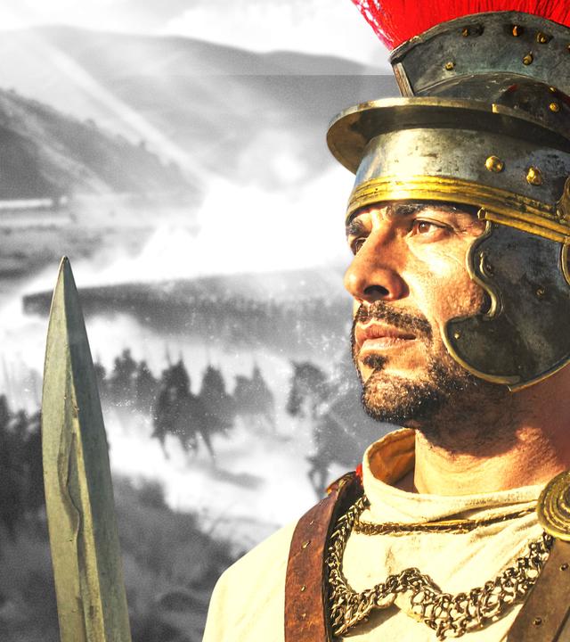 Portrait eines römischen Legionärs aus dem 2.Jahrhundert v.Chr.. Im Hintergrund eine Totale der Schlacht von Pydna.