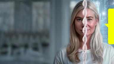 Eine Collage mit einer jungen und älteren Frau, dazwischen ein DNA-Strang 