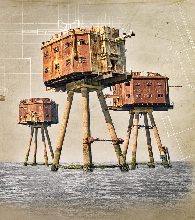 Illustration mehrerer historischer Festungstürme auf Stelzen im Wasser neben einer steinernen Brücke und Befestigungsanlage.