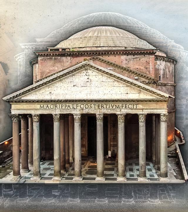 Illustration des Pantheons in Rom mit seiner Säulenfassade und Kuppel. Im Hintergrund ist stilisiert das Kuppelinnere des Bauwerks dargestellt.