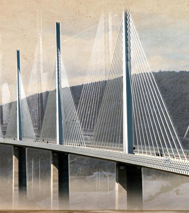 Illustration einer modernen Schrägseilbrücke mit mehreren Brückenpfeilern und Tragseilen, die ein breites Gewässer überspannt.