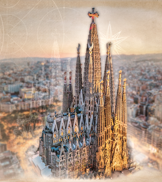 Illustration derTürme der Sagrada Familia in Barcelona. Im Vordergrund ist ein Turm mit einem verzierten Kreuz zu sehen, im Hintergrund die STadt