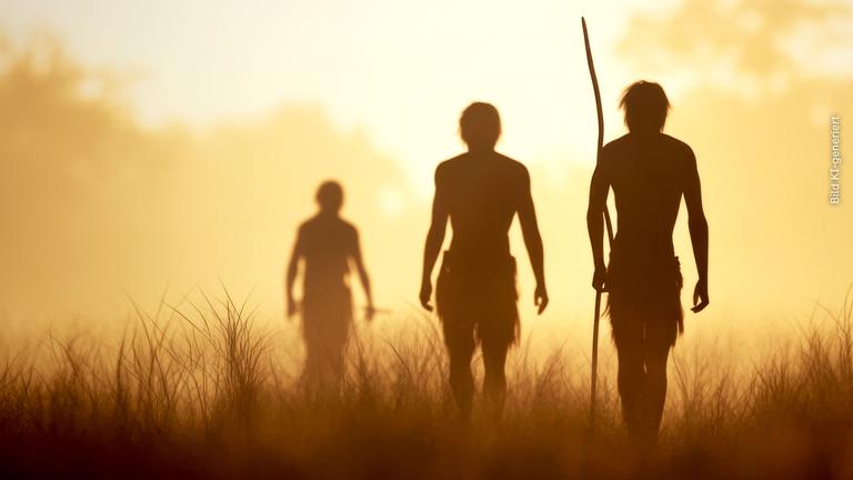 Eine Gruppe Urzeitmenschen in der Steppe, im Gegenlicht sind nur ihre Konturen zu erkennen