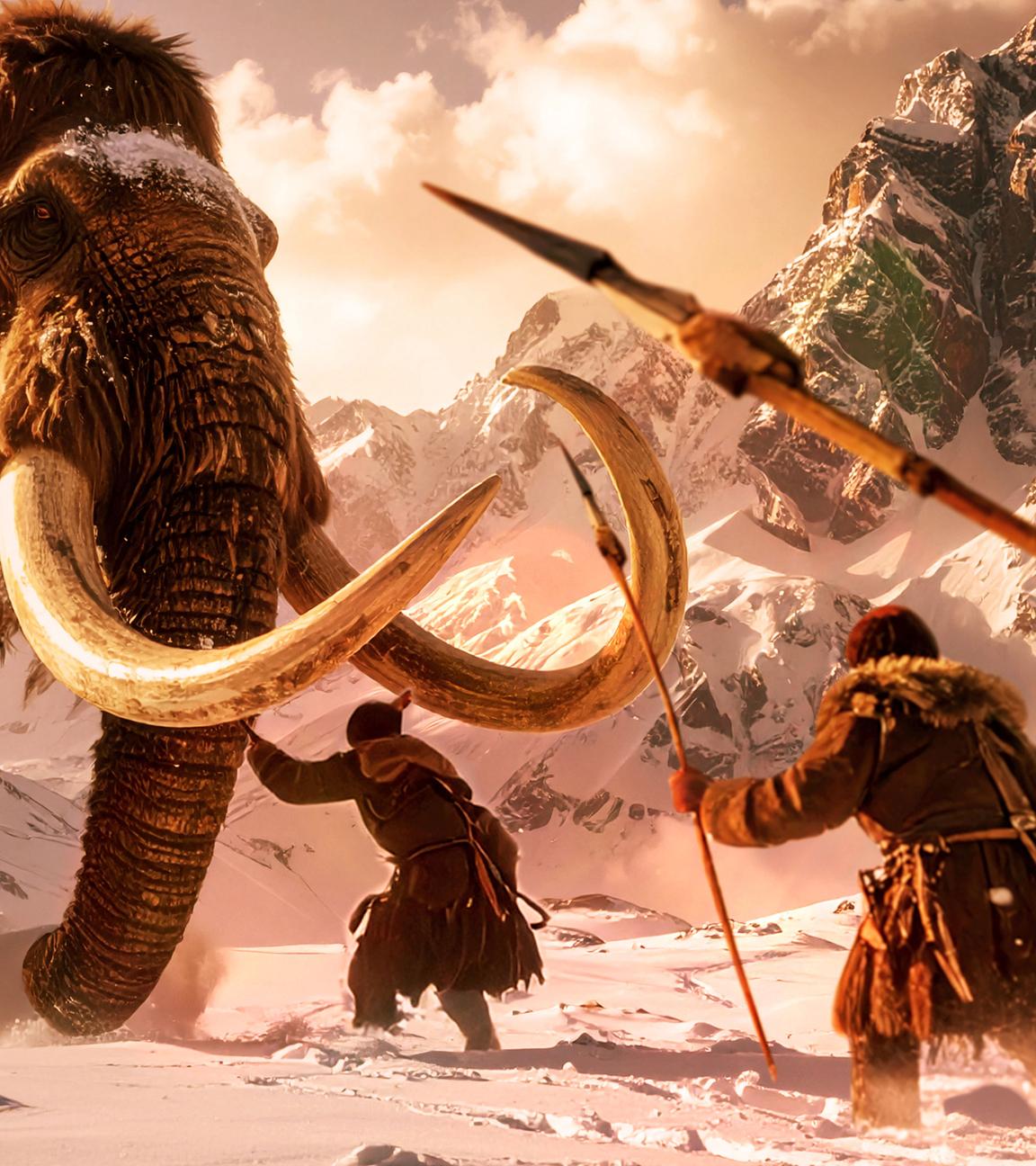Eiszeit, eine Gruppe von Jägern stellt sich einem gewaltigen Mammut.