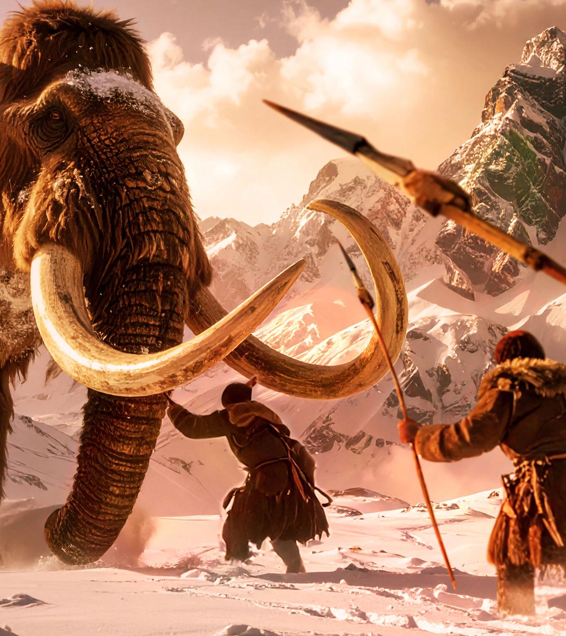 Eiszeit, eine Gruppe von Jägern stellt sich einem gewaltigen Mammut.