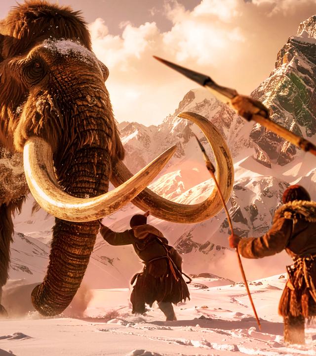 Eiszeit, eine Gruppe von Jägern stellt sich einem gewaltigen Mammut.