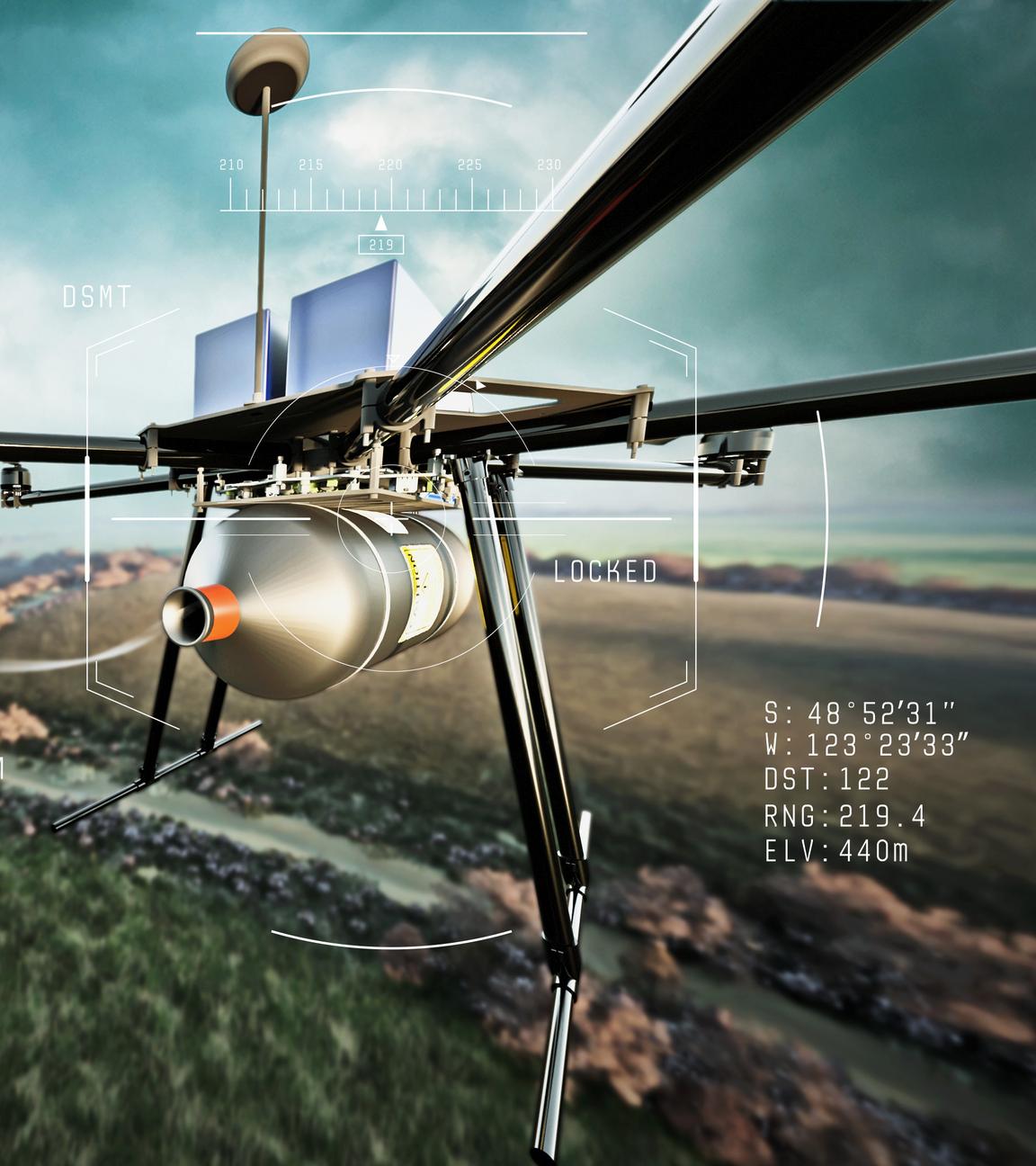 Drohne fliegend am Himmel über ländlichem Gebiet