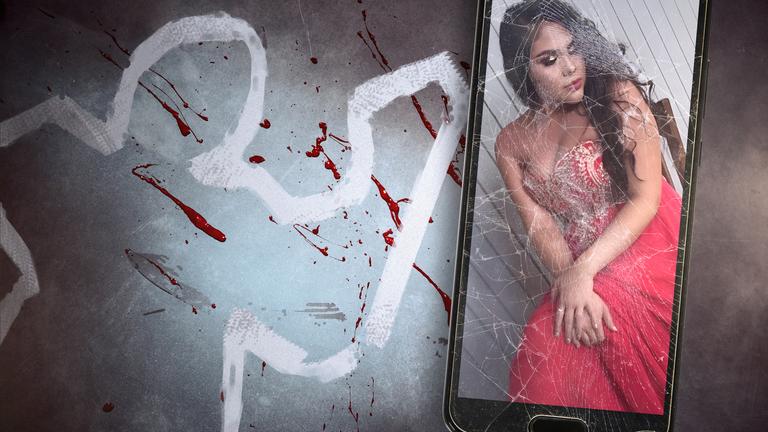 Rechts ein Smartphone mit zerbrochenem Display mit einem Bild des Opfers, links im Hintergrund eine Tatortszene mit Blutspritzern und dem aufgemalten Umriss einer Person