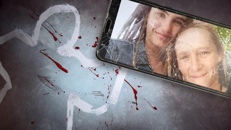 Rechts ein Smartphone mit zerbrochenem Display mit einem Bild des Opfers, links im Hintergrund eine Tatortscene mit Blutspritzern und dem aufgemalten Umriss einer Person.