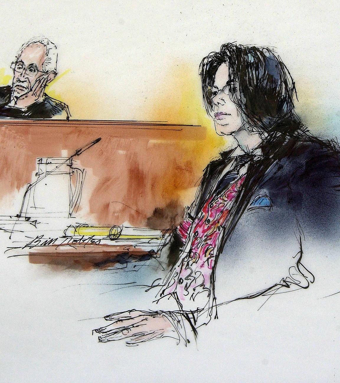 Ein Zeichnung von der Gerichtsverhandlung vom 13. Mai 2005 in Santa Maria, Kalilfornien, USA mit Michael Jackson vorne rechts und Richter Henry Melville hinten links