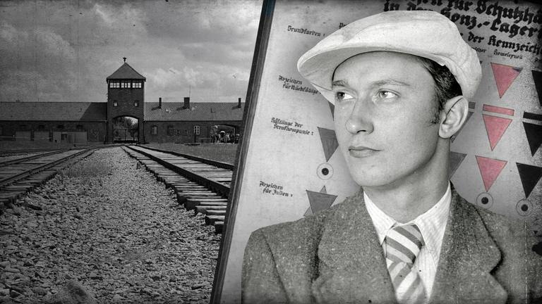 Fotografie-Collage in Schwarz-Weiß: Rechts ein Portrait von Kurt Brüssow, queerer Überlebender der NS-Diktatur, links das Eingangstor des Konzentrationslagers Auschwitz.