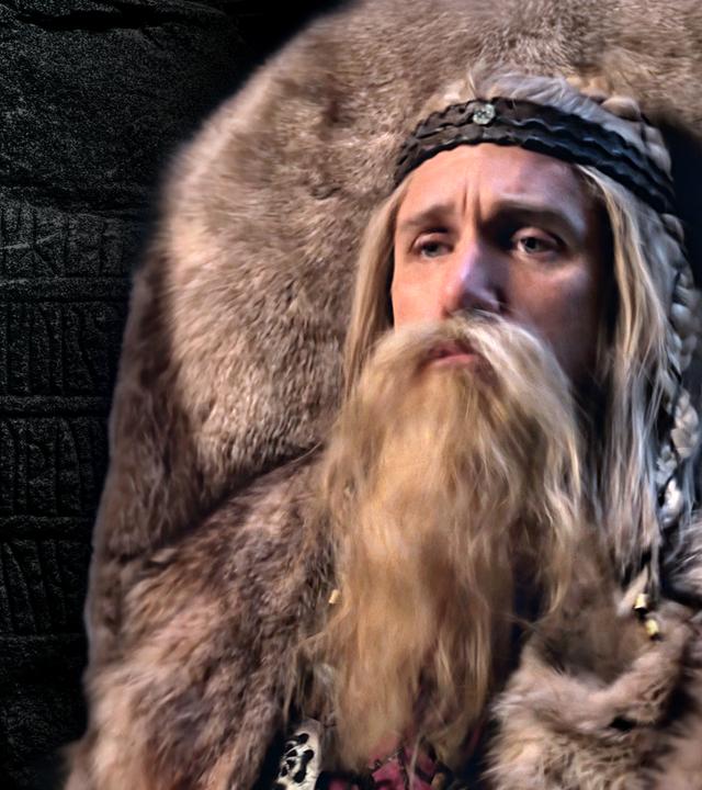 Wikingerherrscher Harald Blauzahn mit langem, geflochtenem Haar und Pelzkleidung