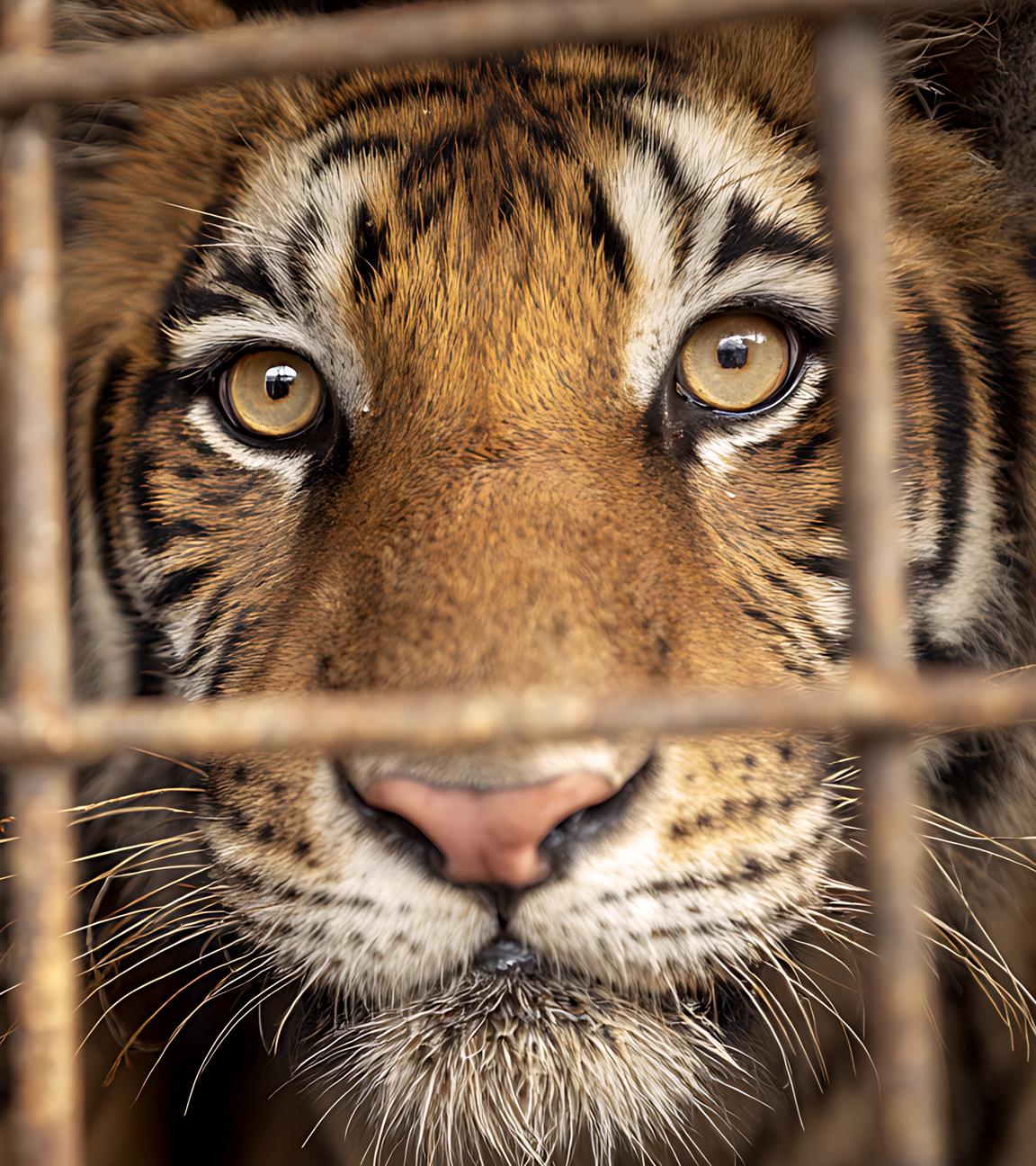 Zwei Tiger hinter rostigen Gitterstäben, eingesperrt.