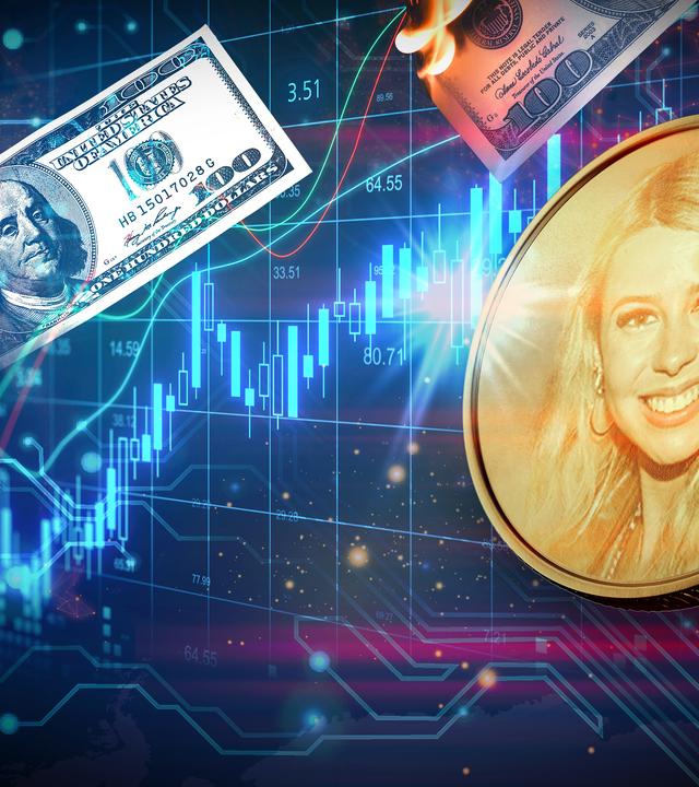 Collage zu Memecoins mit brennenden Dollarscheinen und Aktienkursen