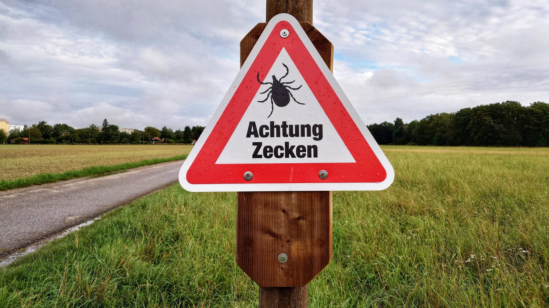 Zecken-Warnschild auf einer Wiese