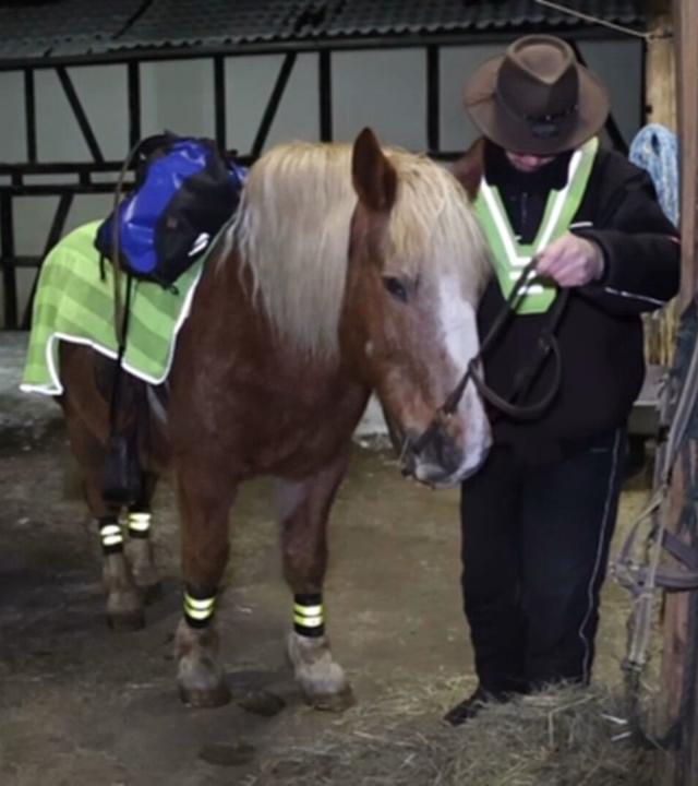 Ein hellbraunes Pferd mit Reflektoren an den Hufen und eine reflketierenden Satteldecke, daneben ein Mann mit braunem Hut und reflektierender Warnweste. In einem Stall.