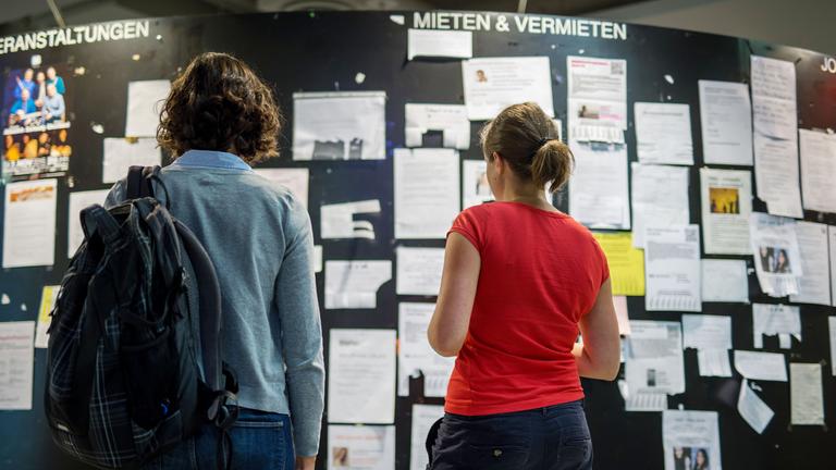 Zwei Studentinnen betrachten  die Wohnungsanzeigen am Schwarzen Brett in der Mensa der Ludwig-Maximilians-Universität in München