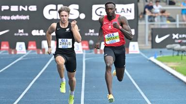 Die deutschen Leichtathleten Milian Zirbus und Owen Ansah beim 100m Lauf der deutschen Meisterschaften 2026 in Bochum