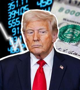 Donald Trump ist vor einer US-Banknote und fallenden Börsenkursen zu sehen. 