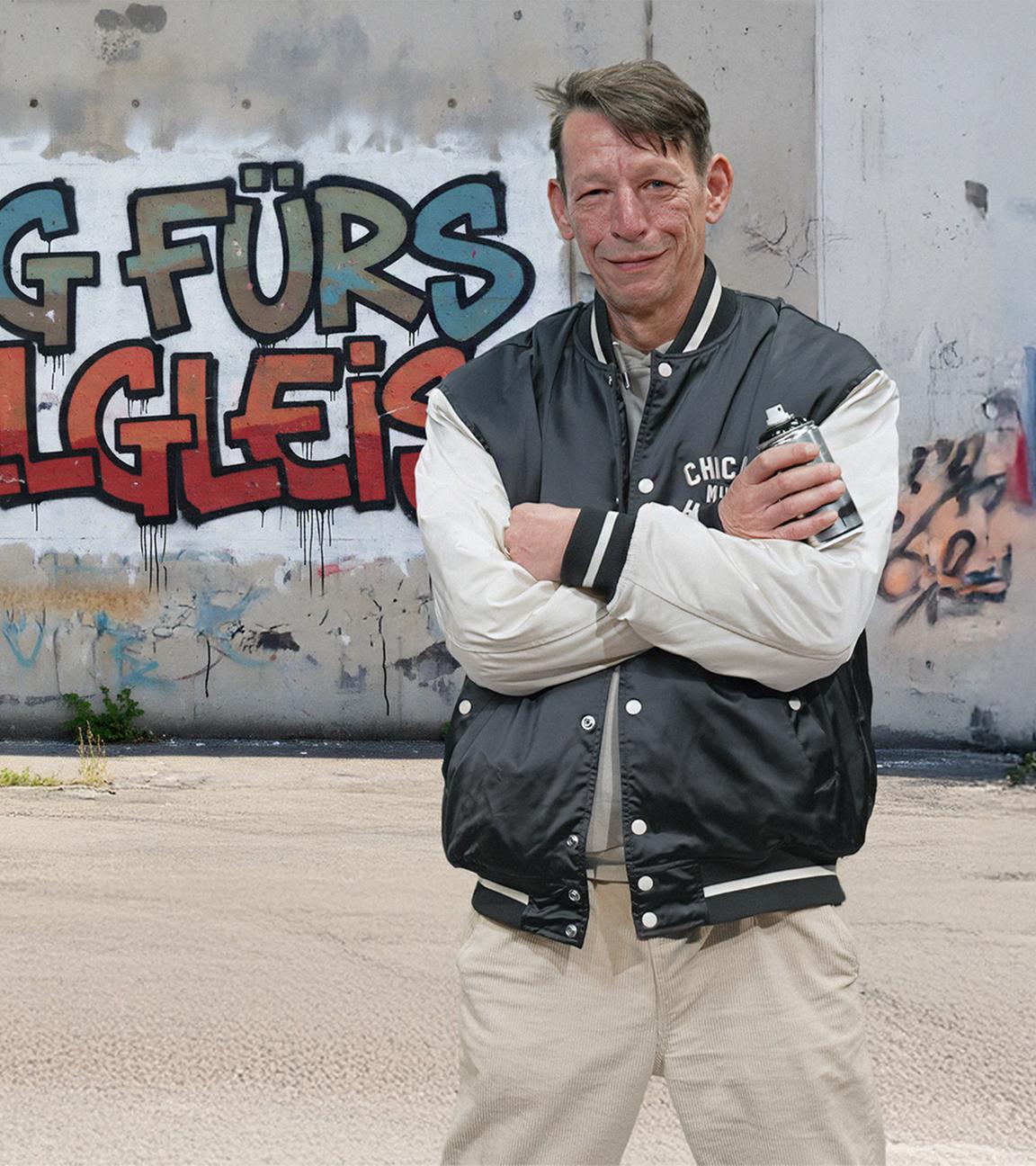 Klemens Schüttken (58)  steht vor einem Graffiti an einer Betonwand. Er hat die Arme vor der Brust verschränkt und schaut in die Kamera. Auf der Wand steht geschrieben "ZU JUNG FÜRS ABSTELLGLEIS".