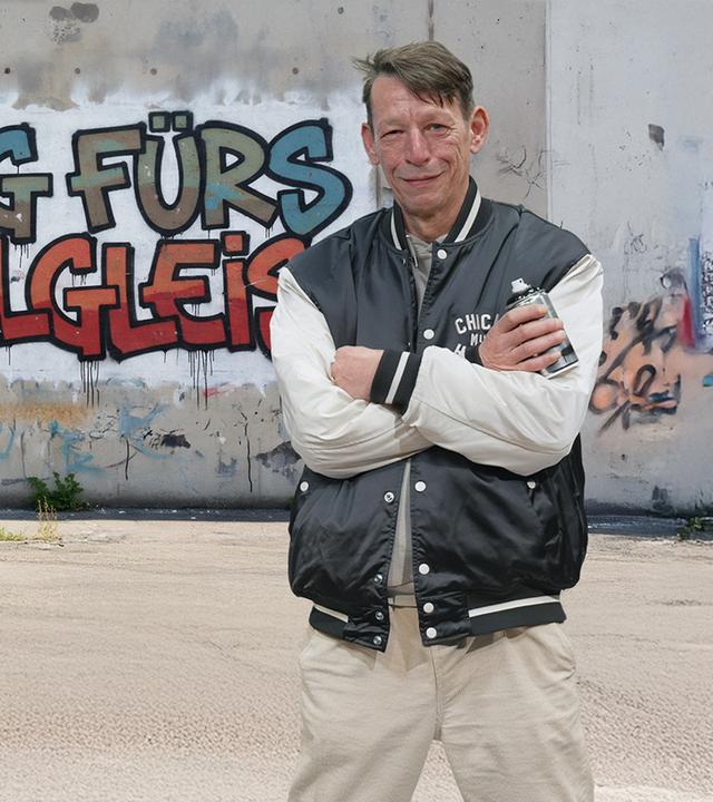 Klemens Schüttken (58)  steht vor einem Graffiti an einer Betonwand. Er hat die Arme vor der Brust verschränkt und schaut in die Kamera. Auf der Wand steht geschrieben "ZU JUNG FÜRS ABSTELLGLEIS".