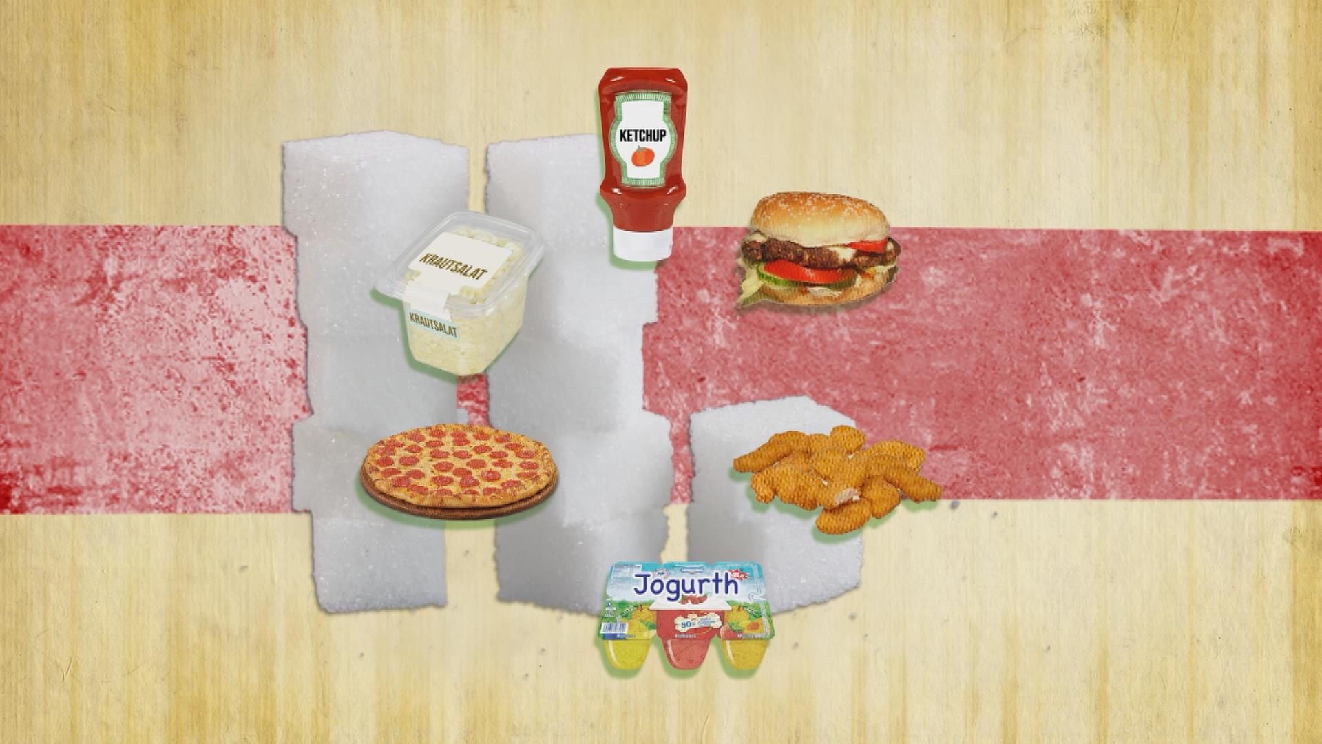 Pizza, Ketschup, Fruchtjoghurt, Hamburger und Zuckerwürfel