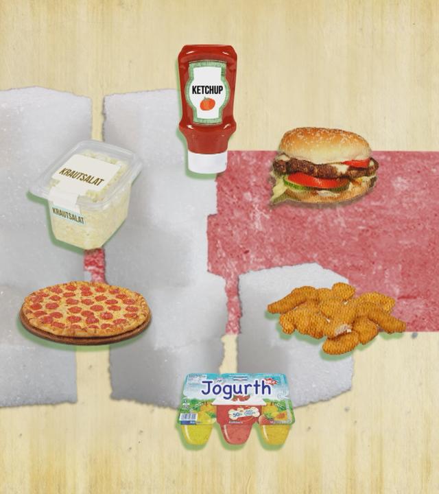 Pizza, Ketschup, Fruchtjoghurt, Hamburger und Zuckerwürfel