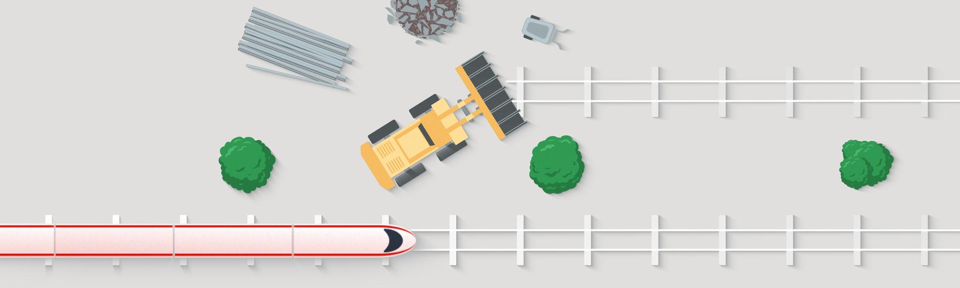 Auf der Illustration sieht man zwei Gleise. Auf dem unteren fährt ein Zug, das obere Gleis ist eine Baustelle. 