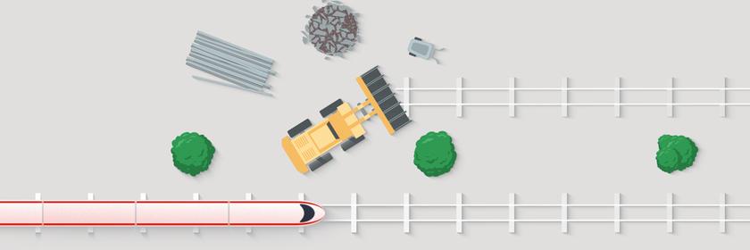 Auf der Illustration sieht man zwei Gleise. Auf dem unteren fährt ein Zug, das obere Gleis ist eine Baustelle. 